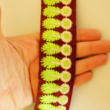 Maroon Fabric Trim With Green And White Embroidery, Approx. 43mm wide